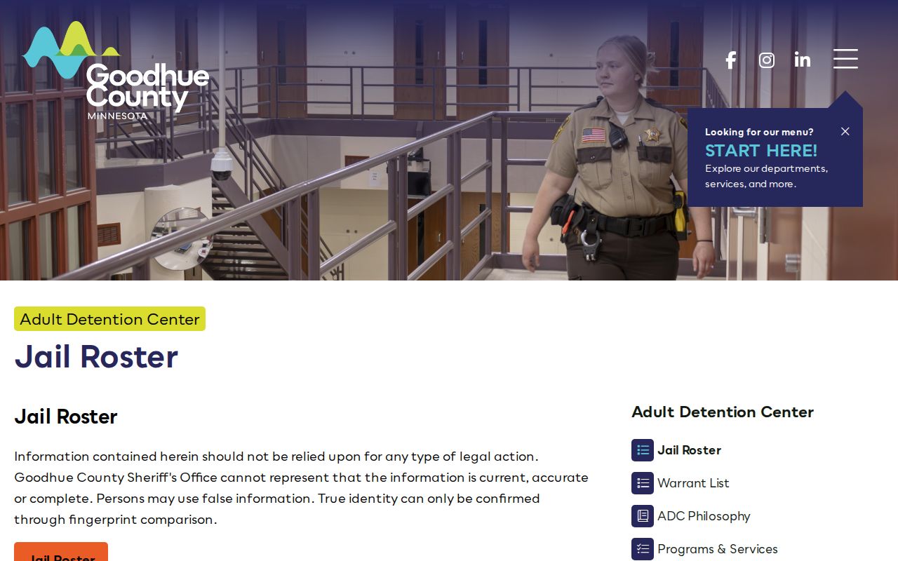 Official current roster page for Goodhue County released inmate checks