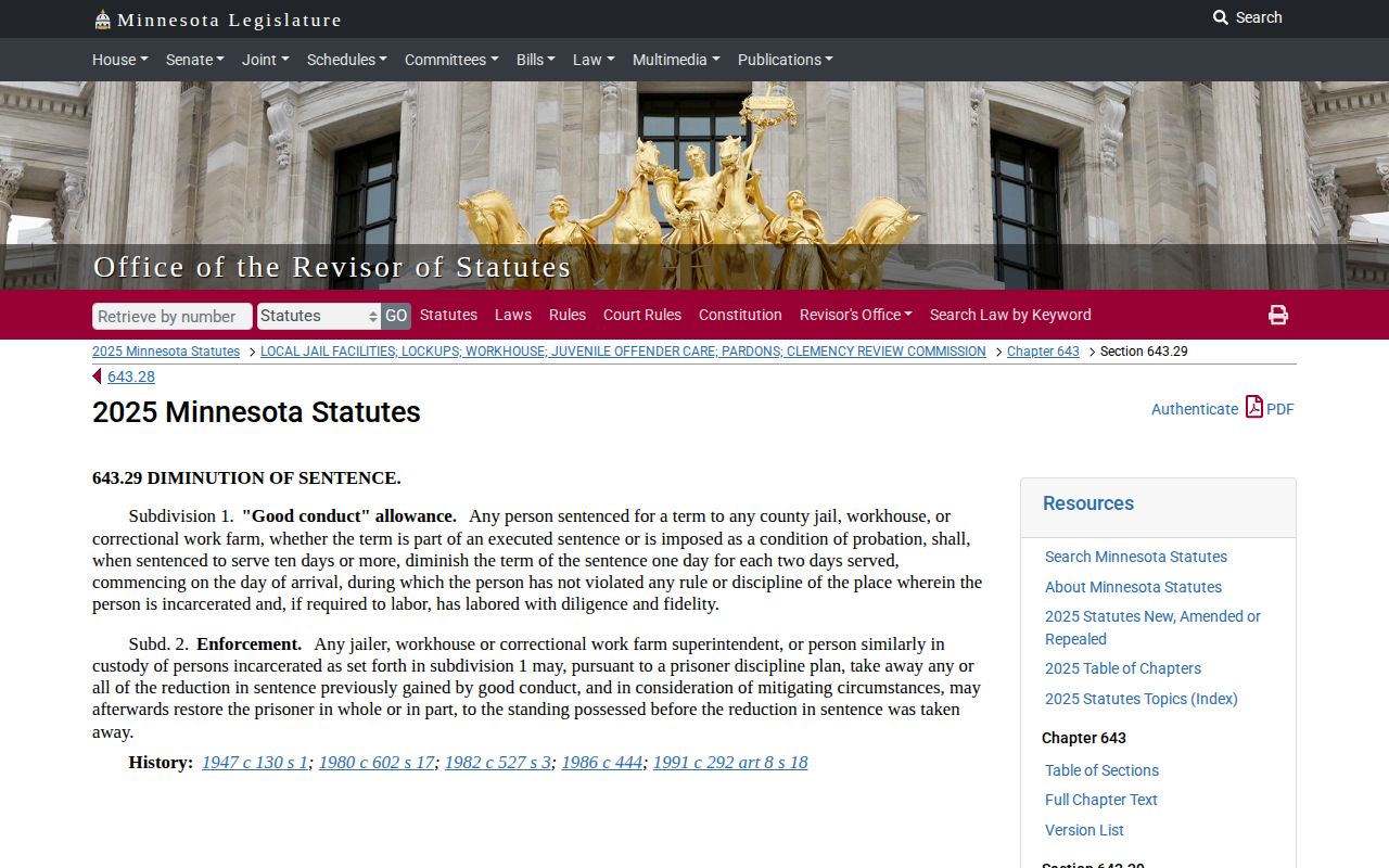 Minnesota county jail good-conduct law for Goodhue County release dates