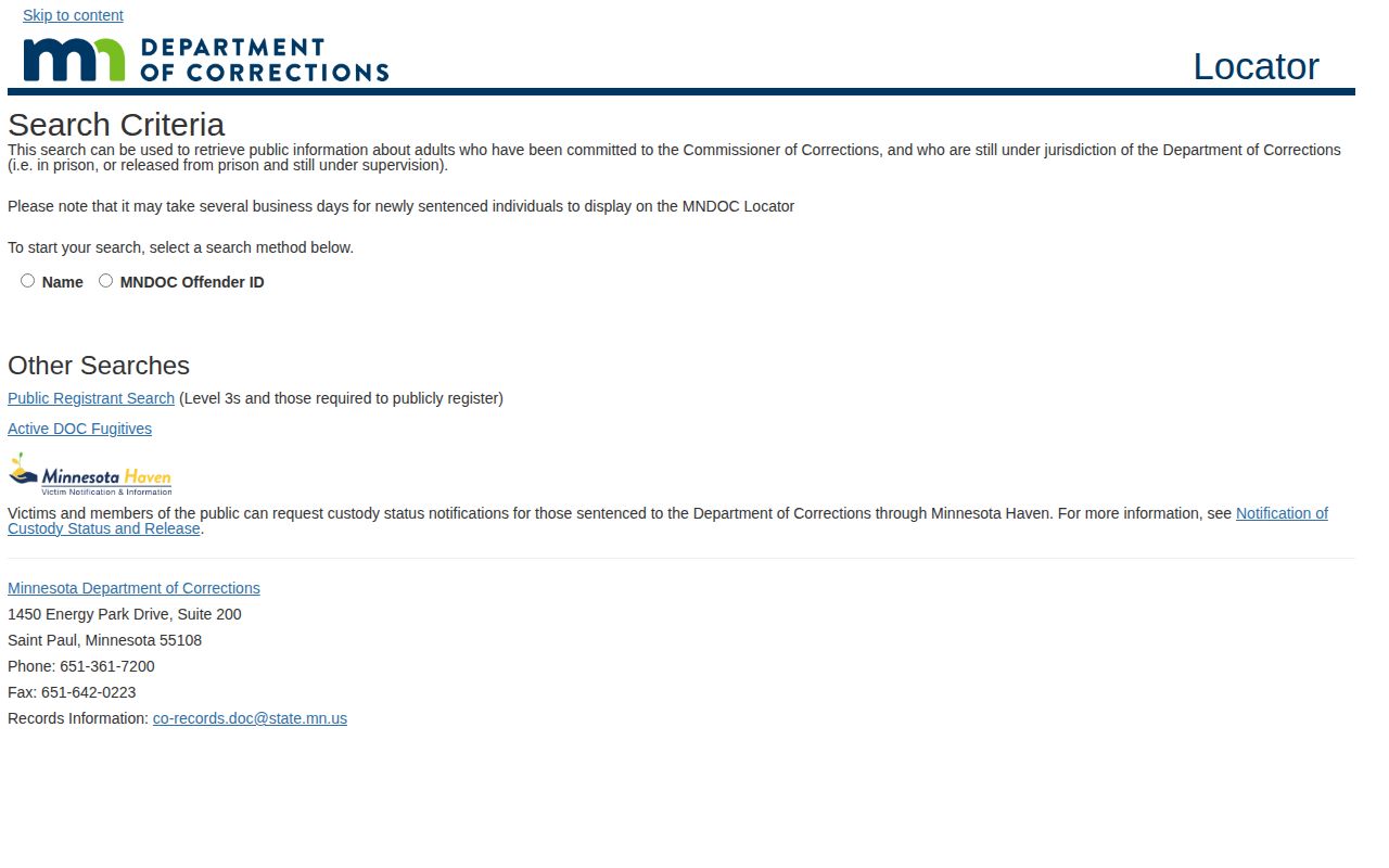 Minnesota DOC search form for Goodhue County released state inmates