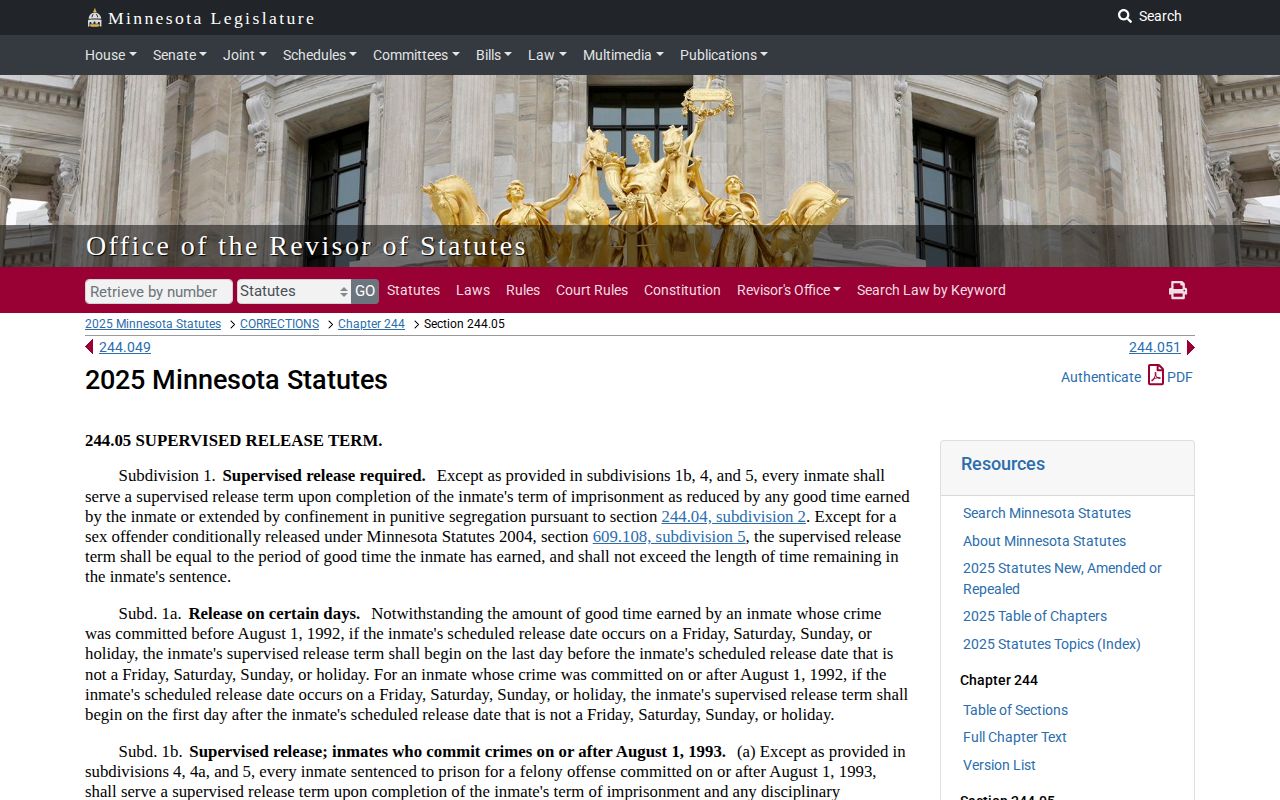 Minnesota supervised release statute for Goodhue County state prisoners